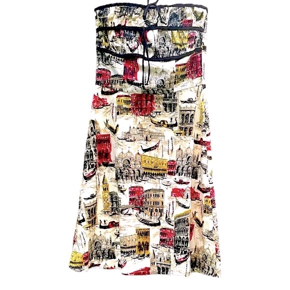 Mica Strapless Dress With Italian Cityscape Pattern. Fitted Elastic Bust. Size 6 - Picture 3 of 9